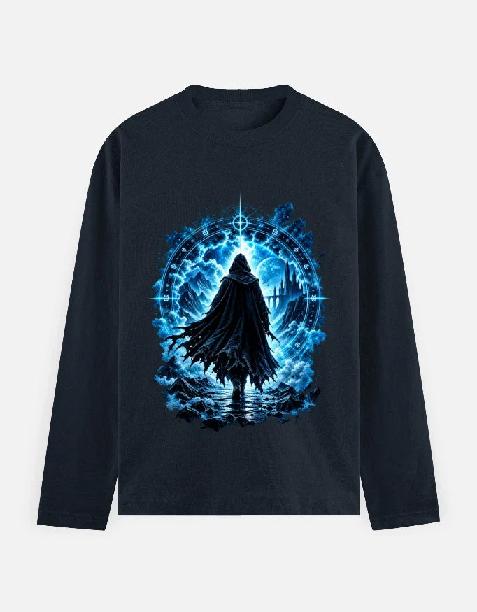 Black sweatshirt with blue fantasy graphic of hooded wanderer walking toward glowing portal and castle