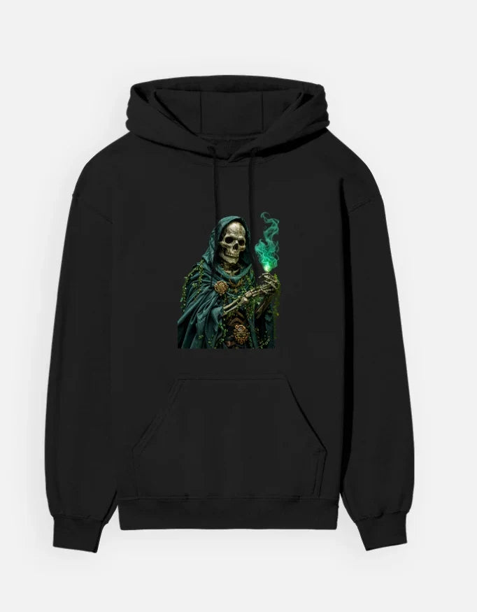 Black 100% cotton brushed fleece hoodie with drawstring hood, front pocket and green skeleton print
