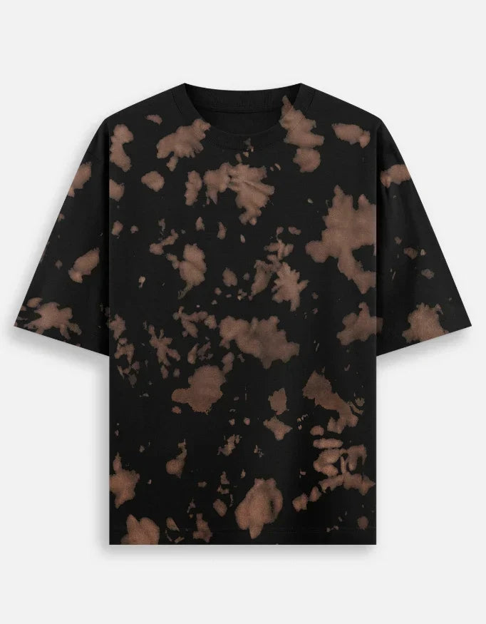 Black oversized t-shirt with rust brown bleach dye pattern" and "Bleach dye grunge oversized streetwear tee SureMart