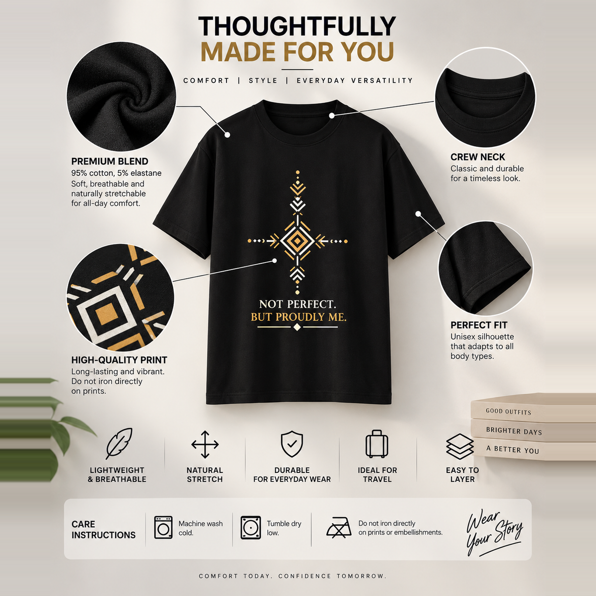 Positive Vibes Black Tee with Gold Compass Emblem