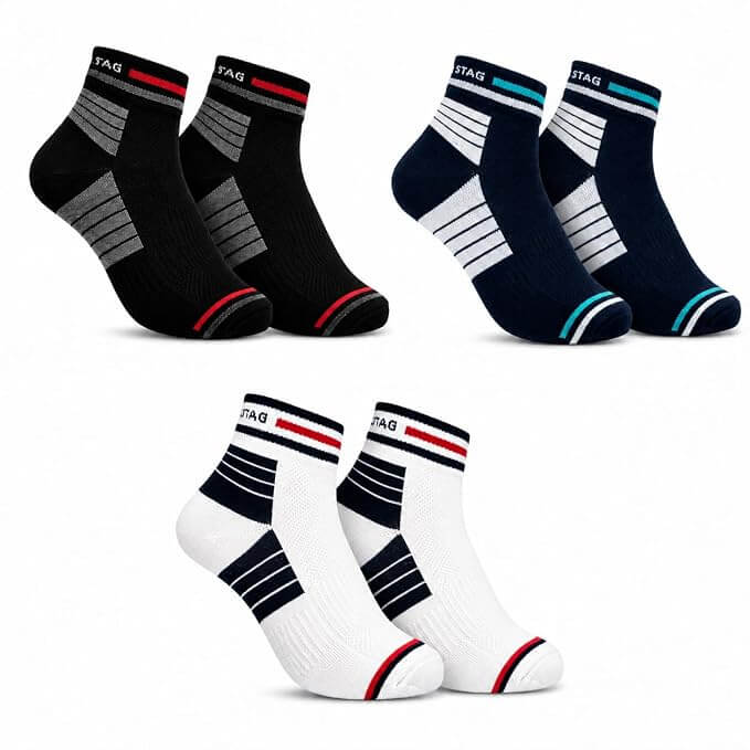 Crown Stag Striped Bamboo Ankle Socks for Men – Pack of 3